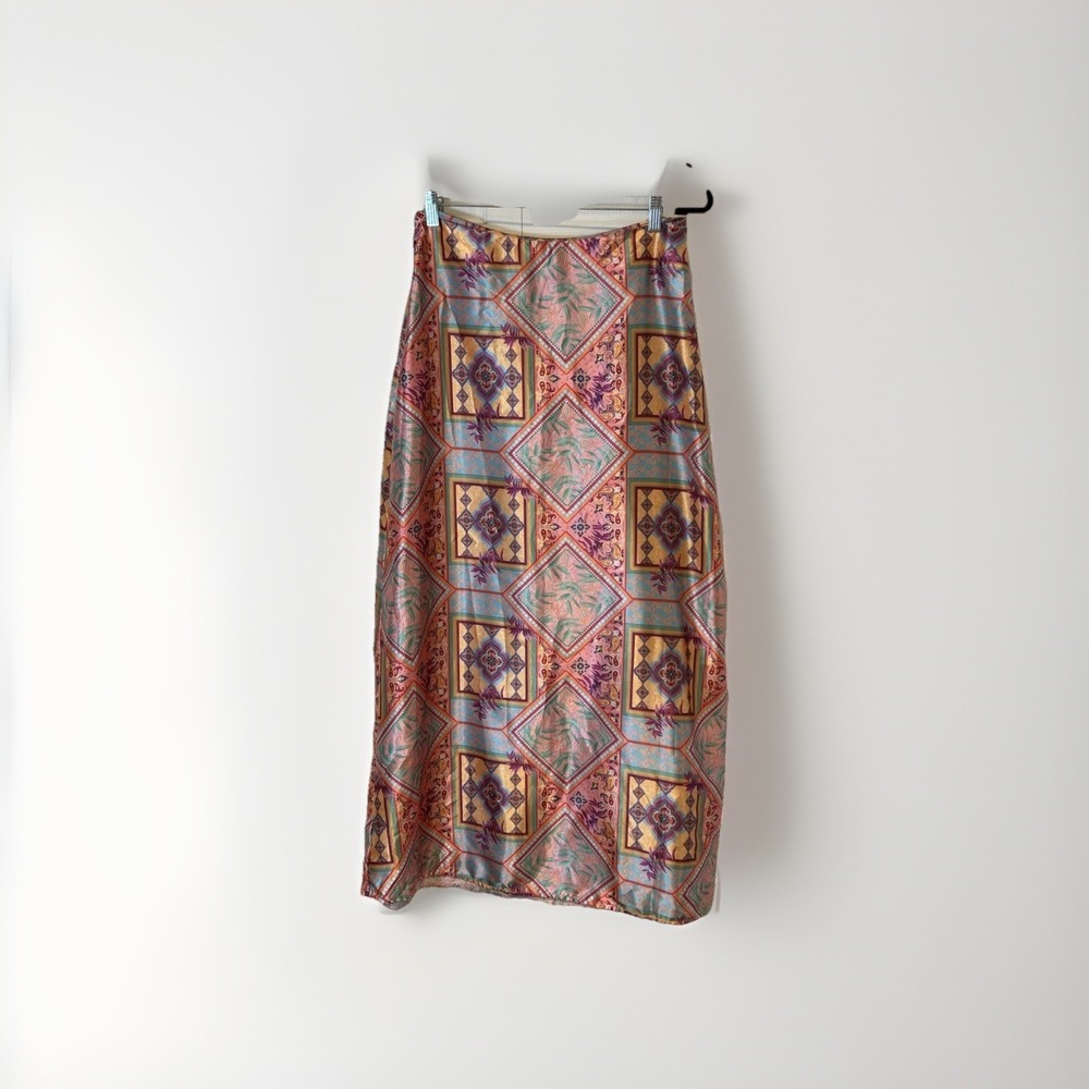 Peixoto Skirt Women Size Medium Pink Blue Satin Tile Print Midi High Waist Boho
